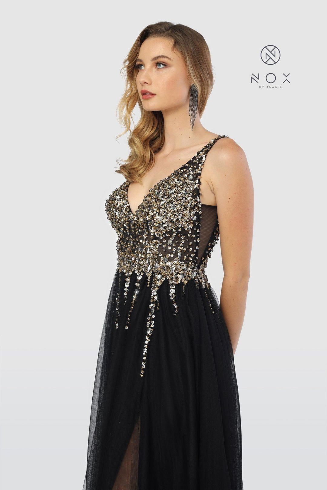Long Tulle V-Neck Dress with Beaded Bodice by Nox Anabel G272-Long Formal Dresses-ABC Fashion