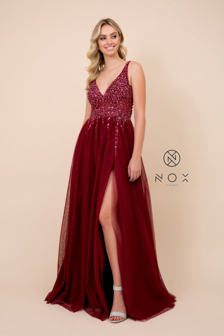 Long Tulle V-Neck Dress with Beaded Bodice by Nox Anabel G272