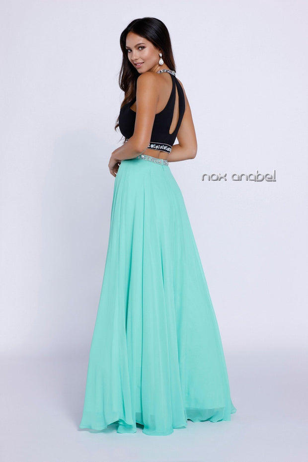 Long Two-Piece Beaded Halter Crop Top Dress by Nox Anabel 8214-Long Formal Dresses-ABC Fashion