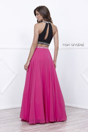 Long Two-Piece Beaded Halter Crop Top Dress by Nox Anabel 8214-Long Formal Dresses-ABC Fashion