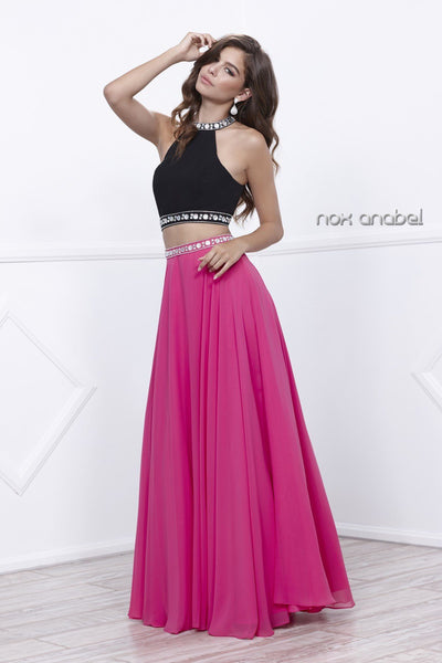 Long Two-Piece Beaded Halter Crop Top Dress by Nox Anabel 8214-Long Formal Dresses-ABC Fashion