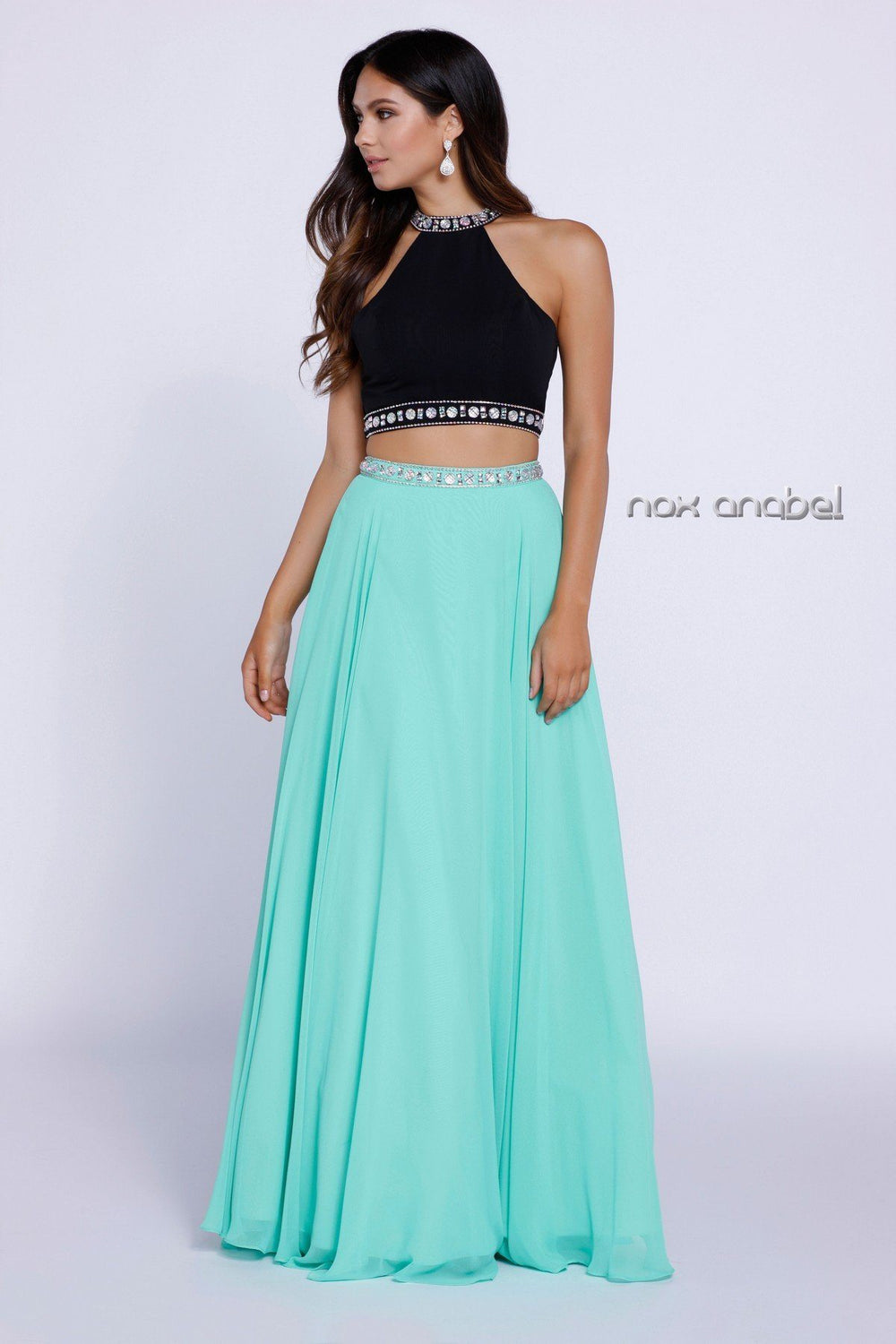 Long Two-Piece Beaded Halter Crop Top Dress by Nox Anabel 8214-Long Formal Dresses-ABC Fashion