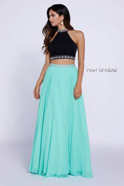 Long Two-Piece Beaded Halter Crop Top Dress by Nox Anabel 8214-Long Formal Dresses-ABC Fashion
