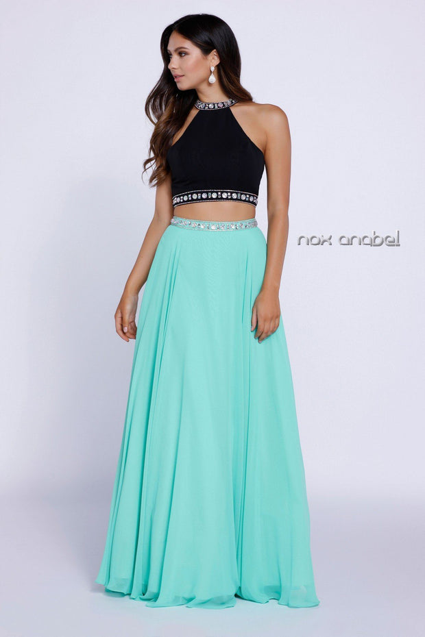 Long Two-Piece Beaded Halter Crop Top Dress by Nox Anabel 8214-Long Formal Dresses-ABC Fashion