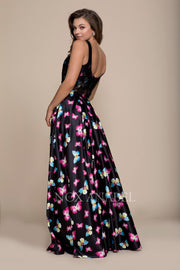 Long Two-Piece Black Dress with Butterfly Print by Nox Anabel 8336-Long Formal Dresses-ABC Fashion