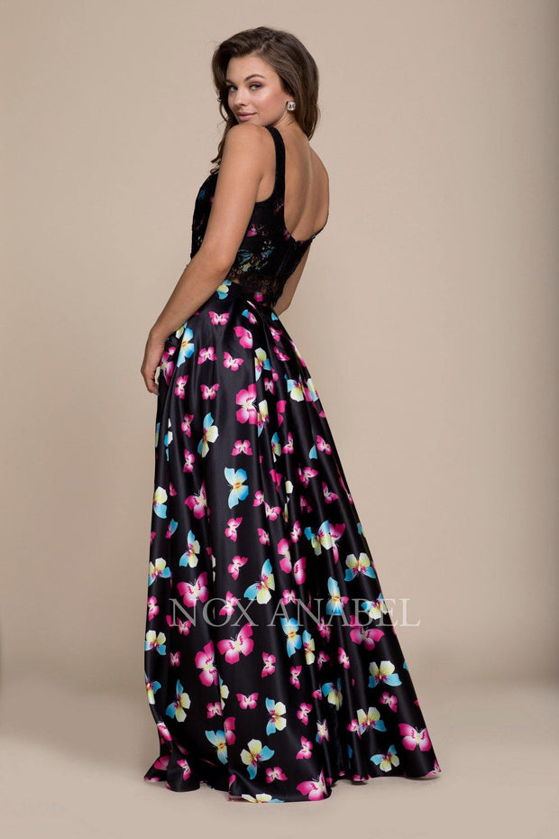 Long Two-Piece Black Dress with Butterfly Print by Nox Anabel 8336-Long Formal Dresses-ABC Fashion
