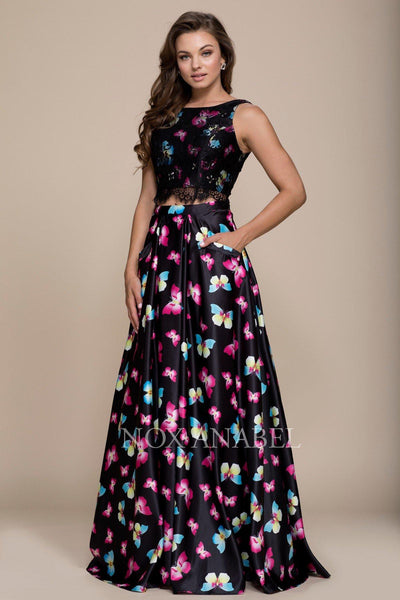 Long Two-Piece Black Dress with Butterfly Print by Nox Anabel 8336-Long Formal Dresses-ABC Fashion