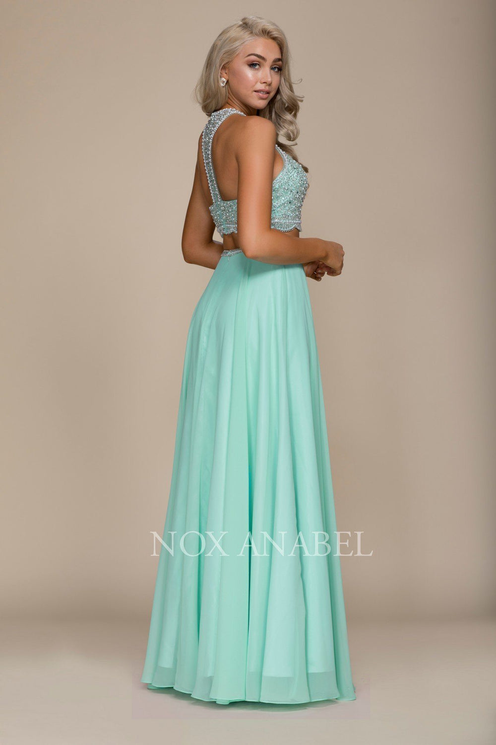 Long Two-Piece Dress with Beaded Crop Top by Nox Anabel G095-Long Formal Dresses-ABC Fashion