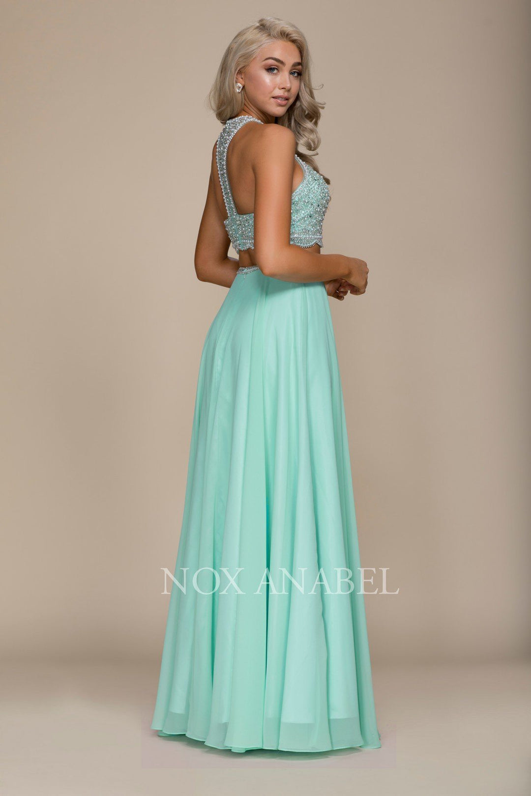 Long Two-Piece Dress with Beaded Crop Top by Nox Anabel G095-Long Formal Dresses-ABC Fashion