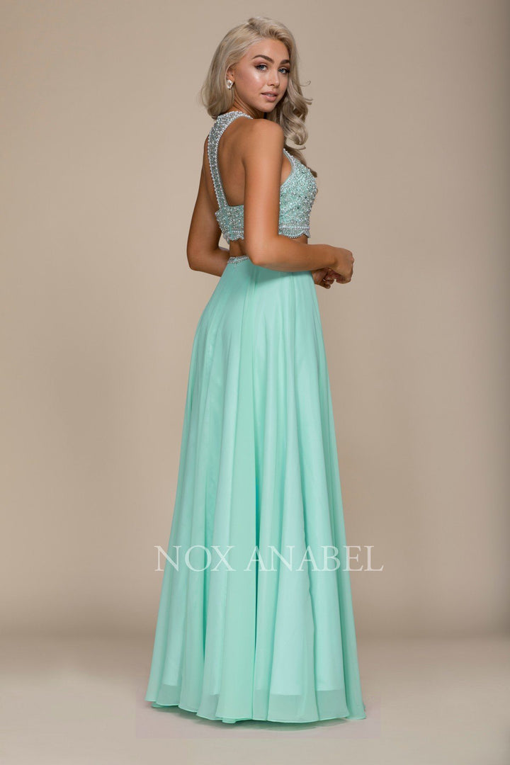 Long Two-Piece Dress with Beaded Crop Top by Nox Anabel G095-Long Formal Dresses-ABC Fashion