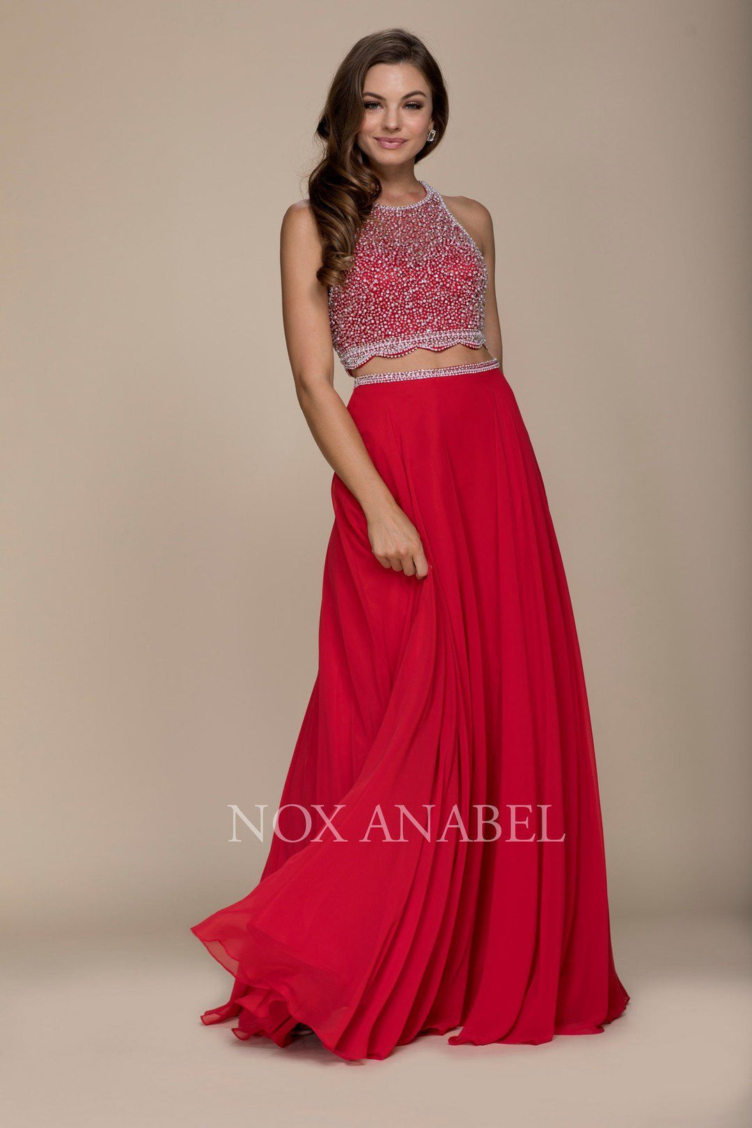Long Two-Piece Dress with Beaded Crop Top by Nox Anabel G095-Long Formal Dresses-ABC Fashion