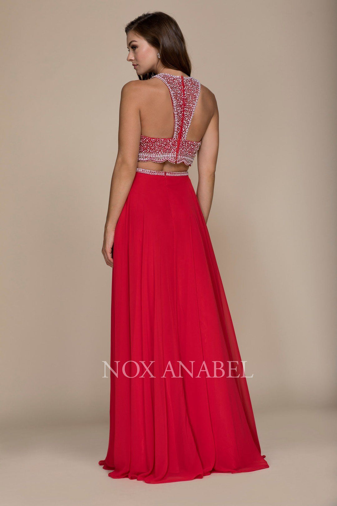 Long Two-Piece Dress with Beaded Crop Top by Nox Anabel G095-Long Formal Dresses-ABC Fashion