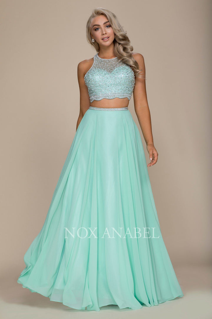 Long Two-Piece Dress with Beaded Crop Top by Nox Anabel G095-Long Formal Dresses-ABC Fashion