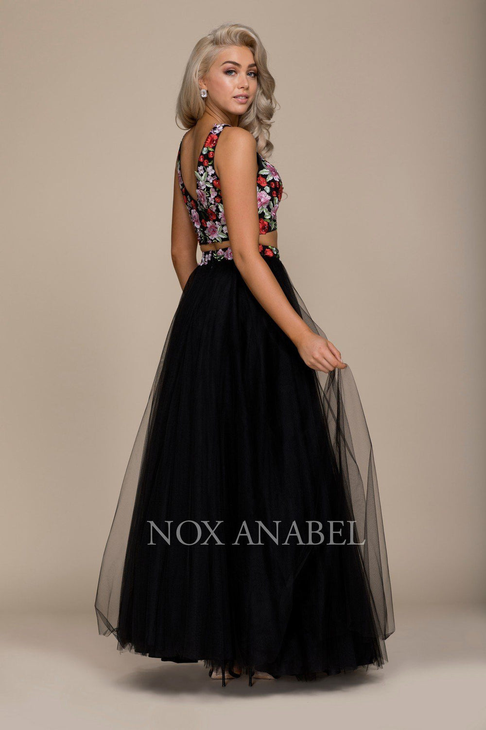 Long Two-Piece Dress with Floral Embroidered Top by Nox Anabel Q012-Long Formal Dresses-ABC Fashion