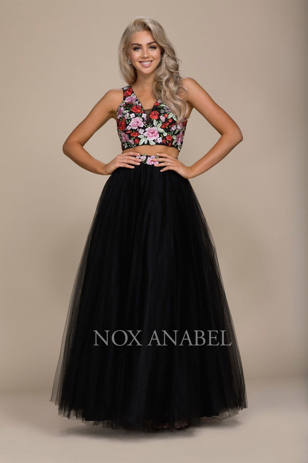 Long Two-Piece Dress with Floral Embroidered Top by Nox Anabel Q012-Long Formal Dresses-ABC Fashion