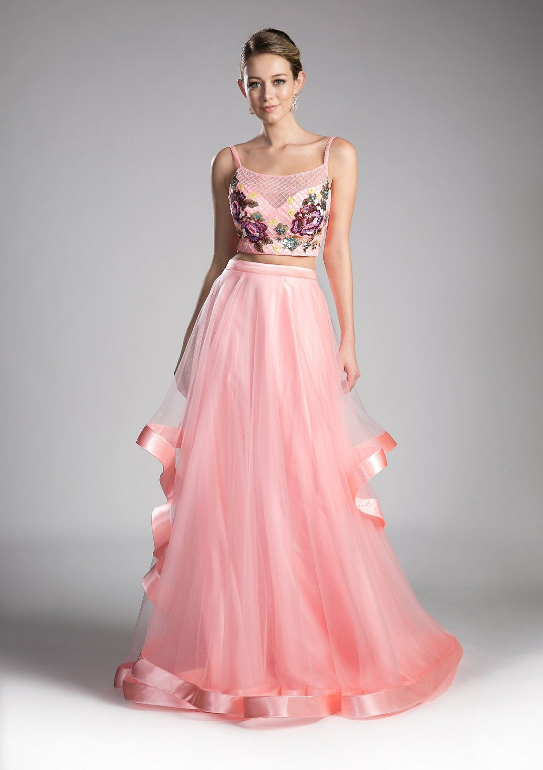 Long Two-Piece Dress with Floral Embroidery by Cinderella Divine 11793-Long Formal Dresses-ABC Fashion