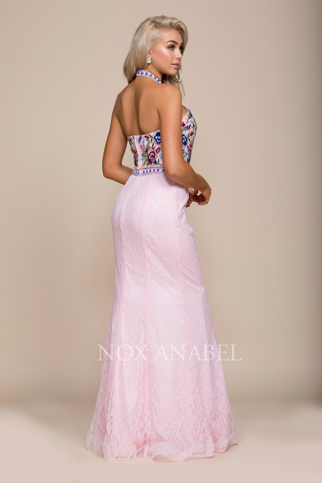 Long Two-Piece Dress with Floral Embroidery by Nox Anabel 8262-Long Formal Dresses-ABC Fashion