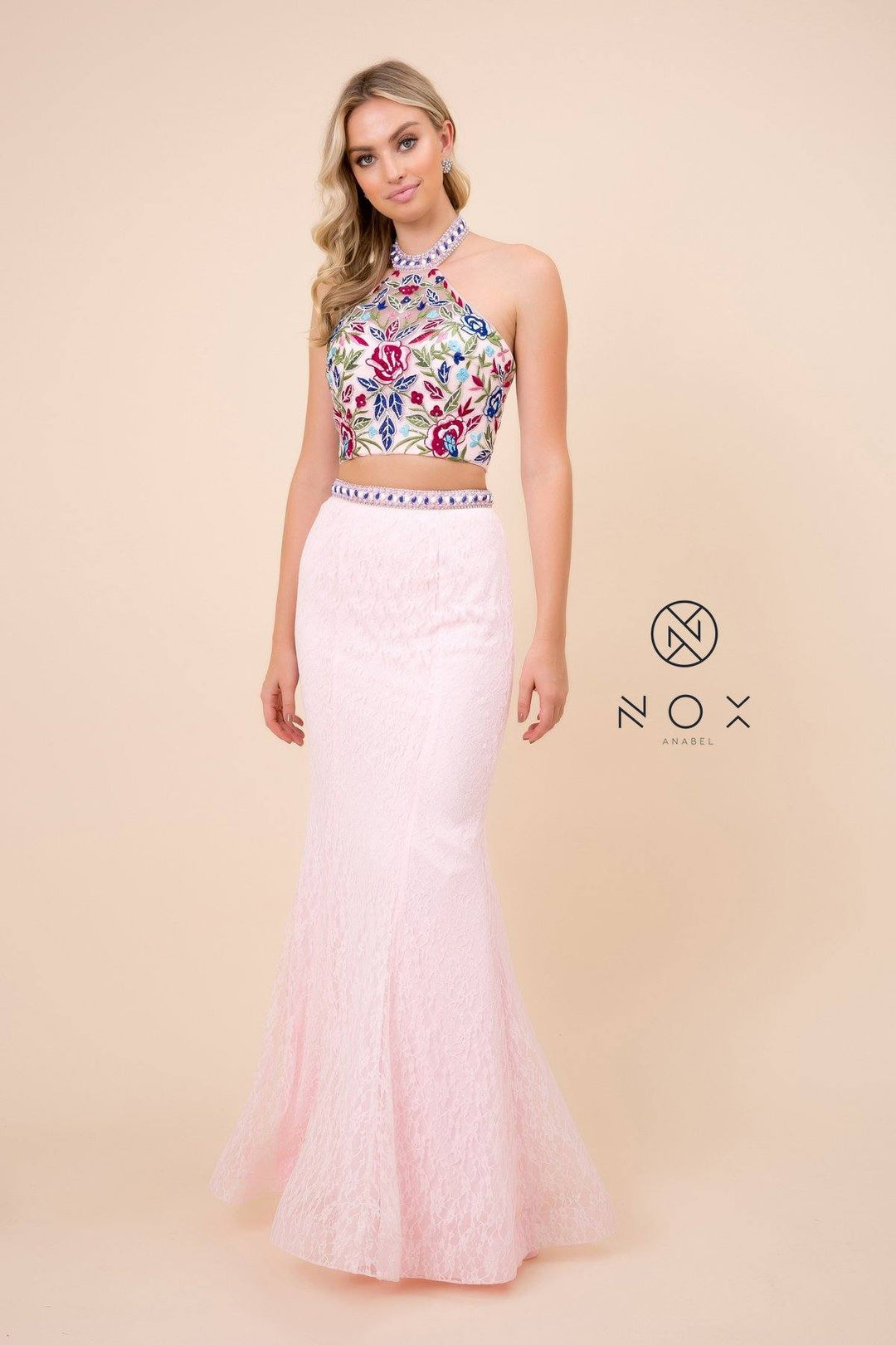 Long Two-Piece Dress with Floral Embroidery by Nox Anabel 8262