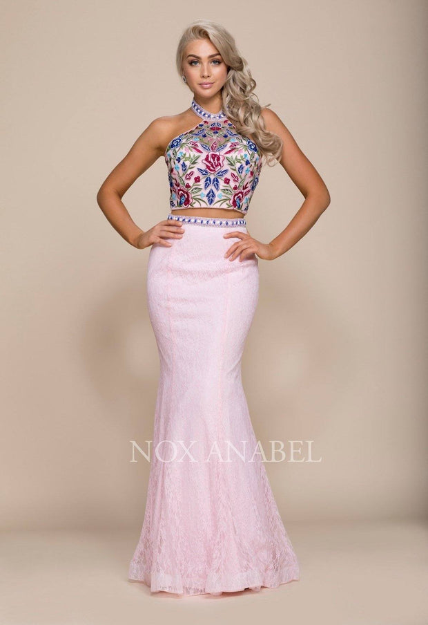 Long Two-Piece Dress with Floral Embroidery by Nox Anabel 8262-Long Formal Dresses-ABC Fashion