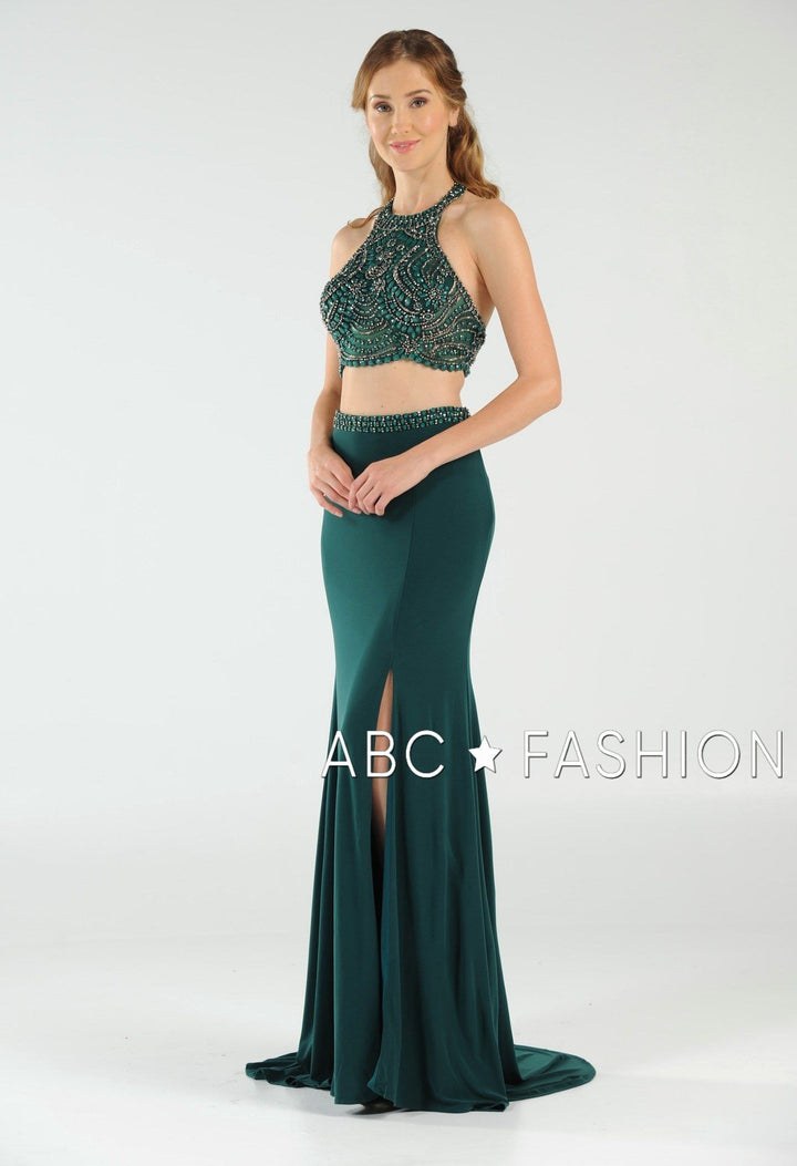 Long Two-Piece Dress with Halter Crop Top by Poly USA 7890-Long Formal Dresses-ABC Fashion