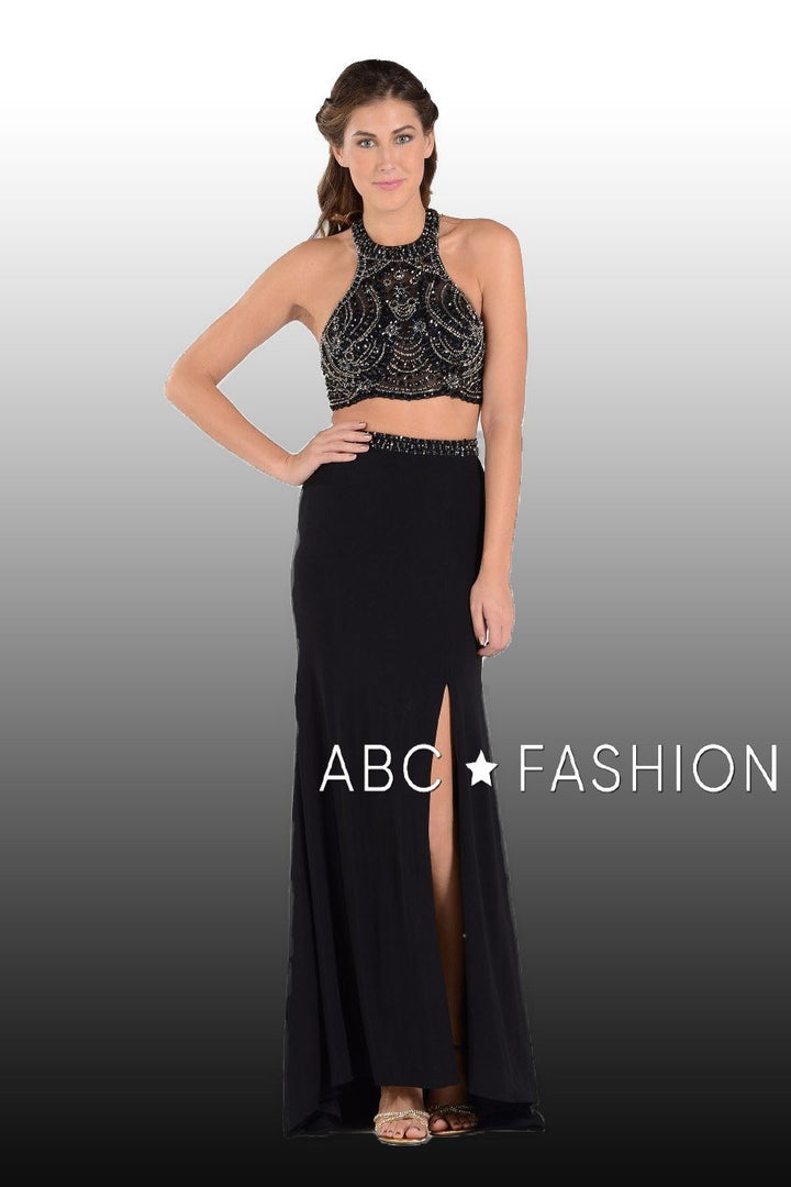 Long Two-Piece Dress with Halter Crop Top by Poly USA 7890-Long Formal Dresses-ABC Fashion