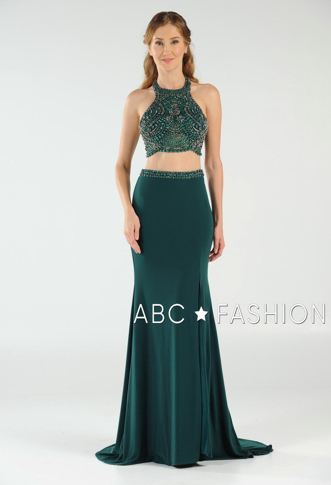 Long Two-Piece Dress with Halter Crop Top by Poly USA 7890-Long Formal Dresses-ABC Fashion