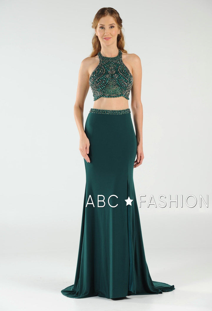 Long Two-Piece Dress with Halter Crop Top by Poly USA 7890-Long Formal Dresses-ABC Fashion