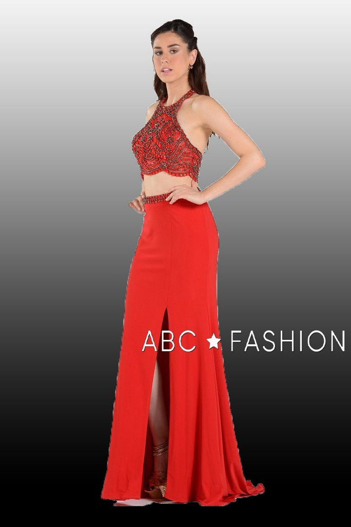 Long Two-Piece Dress with Halter Crop Top by Poly USA 7890-Long Formal Dresses-ABC Fashion