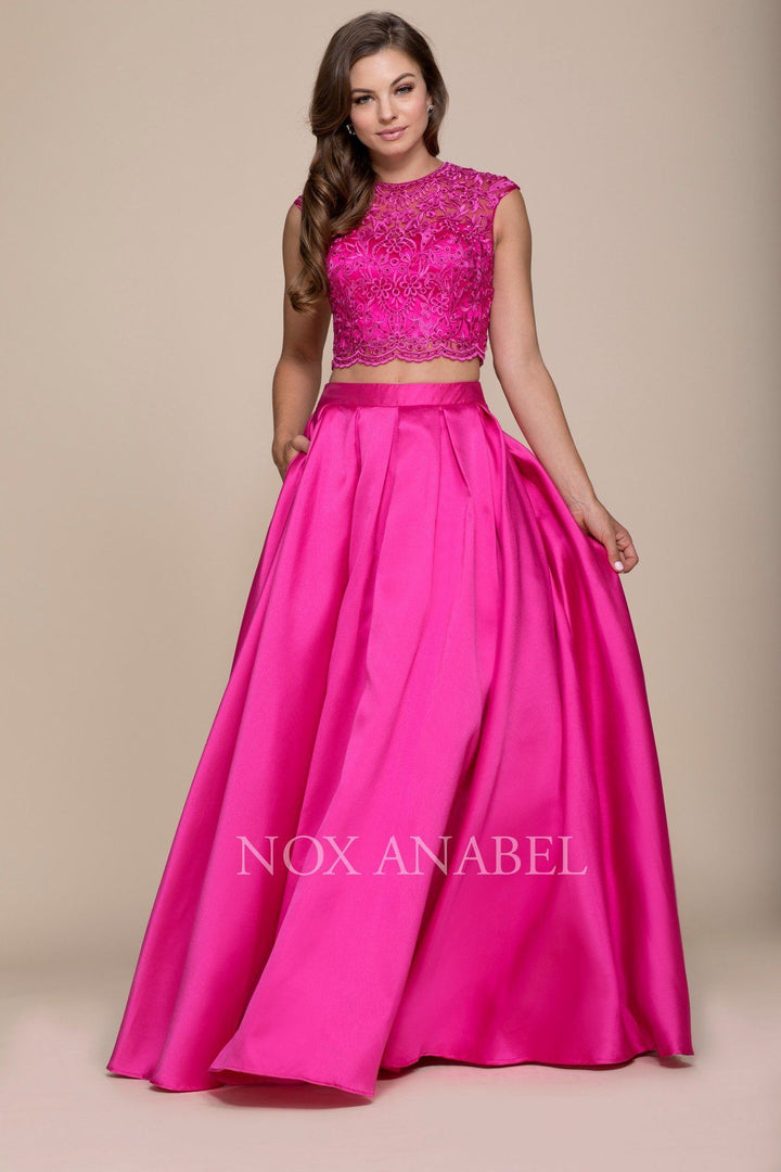 Long Two-Piece Dress with Lace Crop Top by Nox Anabel Q104-Long Formal Dresses-ABC Fashion