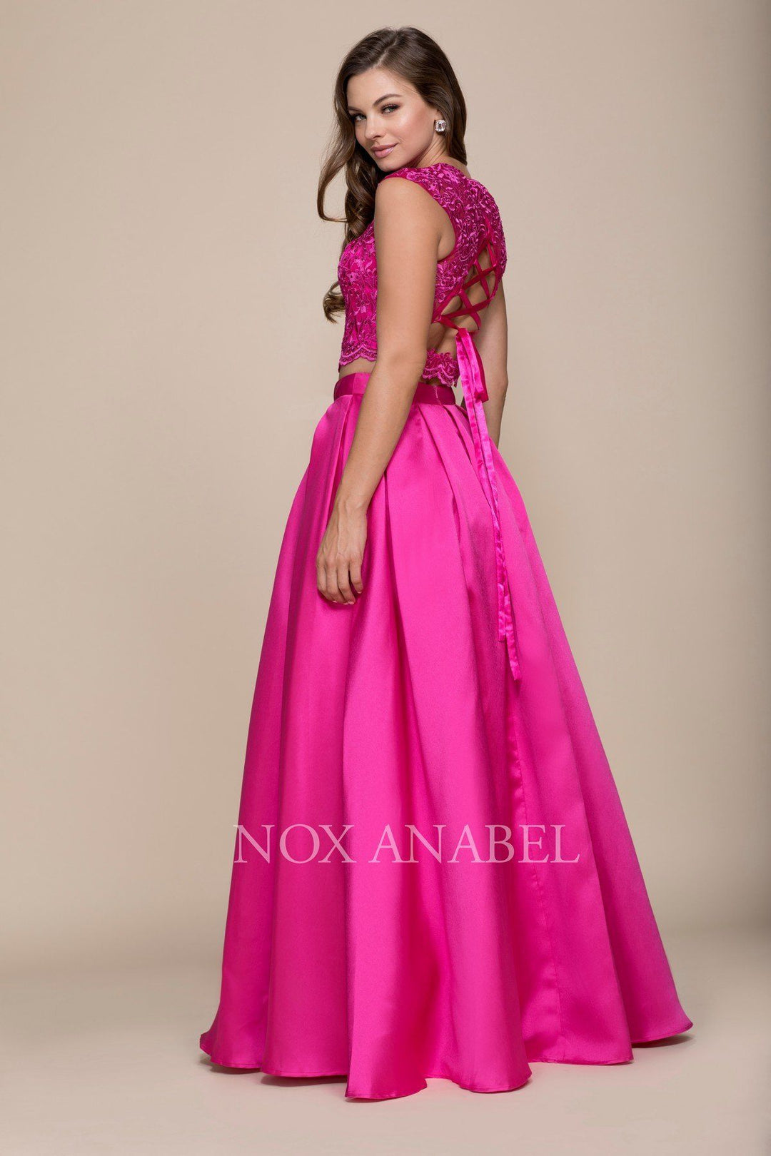 Long Two-Piece Dress with Lace Crop Top by Nox Anabel Q104-Long Formal Dresses-ABC Fashion