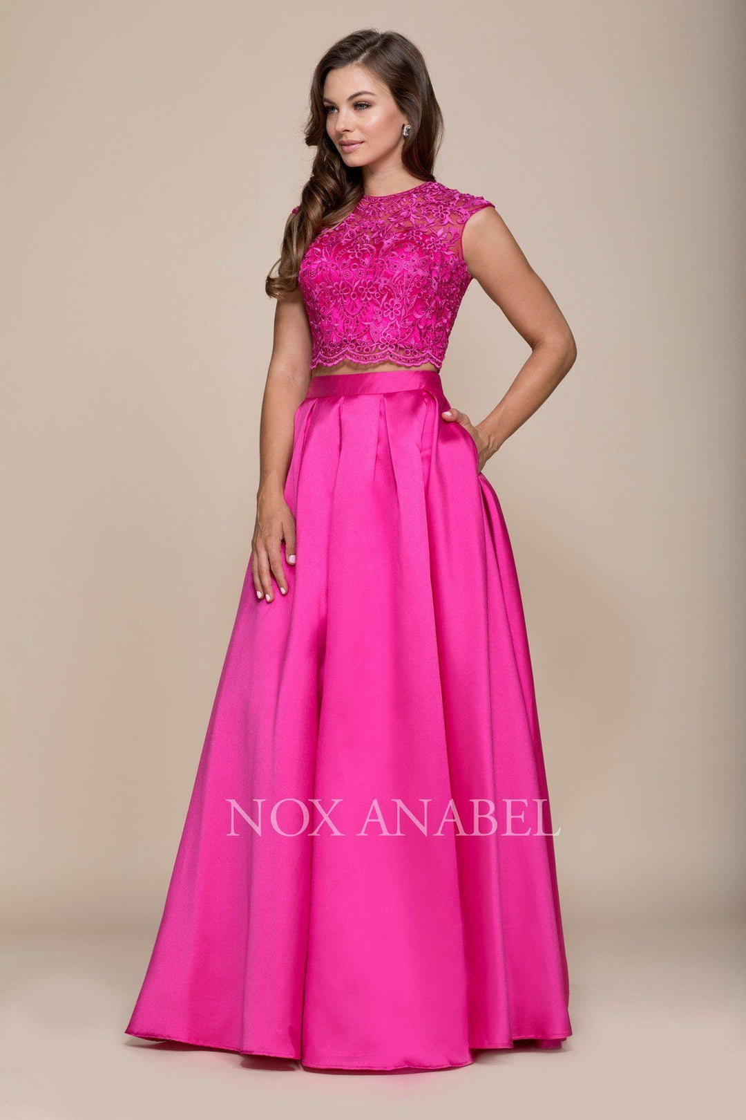 Long Two-Piece Dress with Lace Crop Top by Nox Anabel Q104-Long Formal Dresses-ABC Fashion