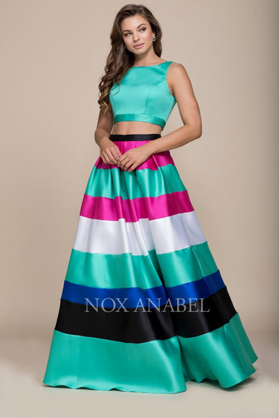 Long Two-Piece Dress with Multi-Color Striped Skirt by Nox Anabel 8335-Long Formal Dresses-ABC Fashion