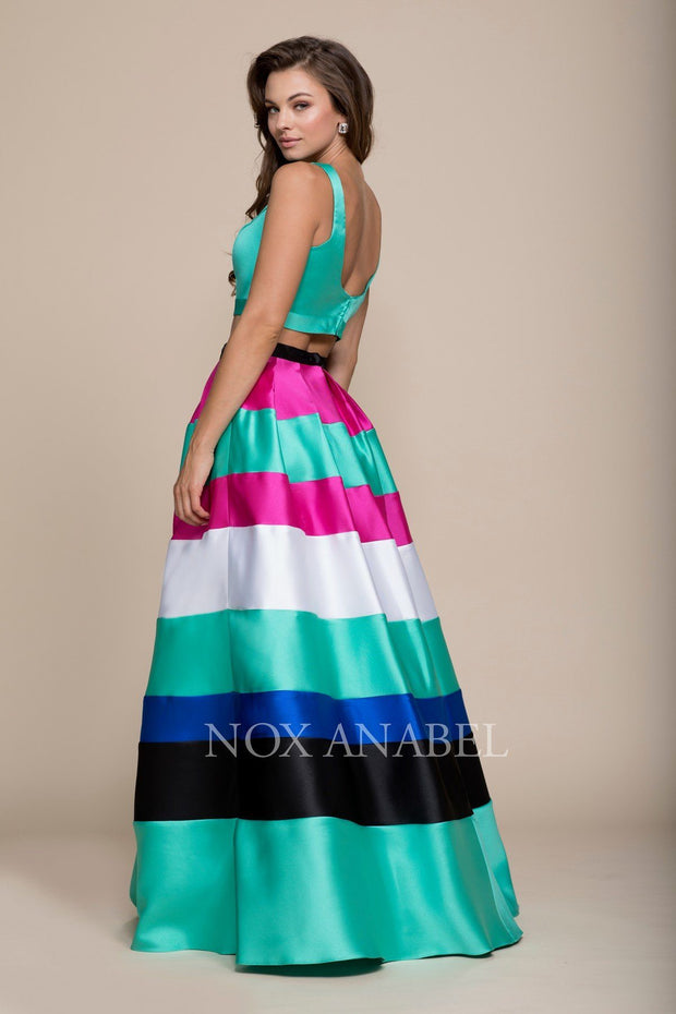 Long Two-Piece Dress with Multi-Color Striped Skirt by Nox Anabel 8335-Long Formal Dresses-ABC Fashion