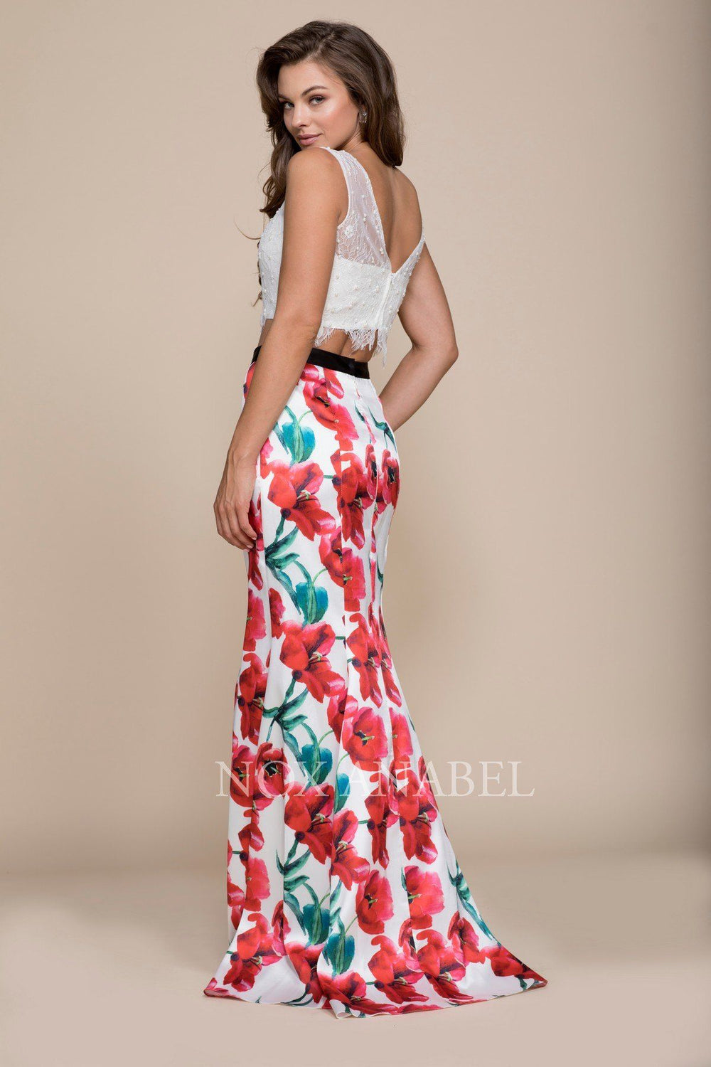 Long Two-Piece Dress with Print Skirt by Nox Anabel 8342-Long Formal Dresses-ABC Fashion