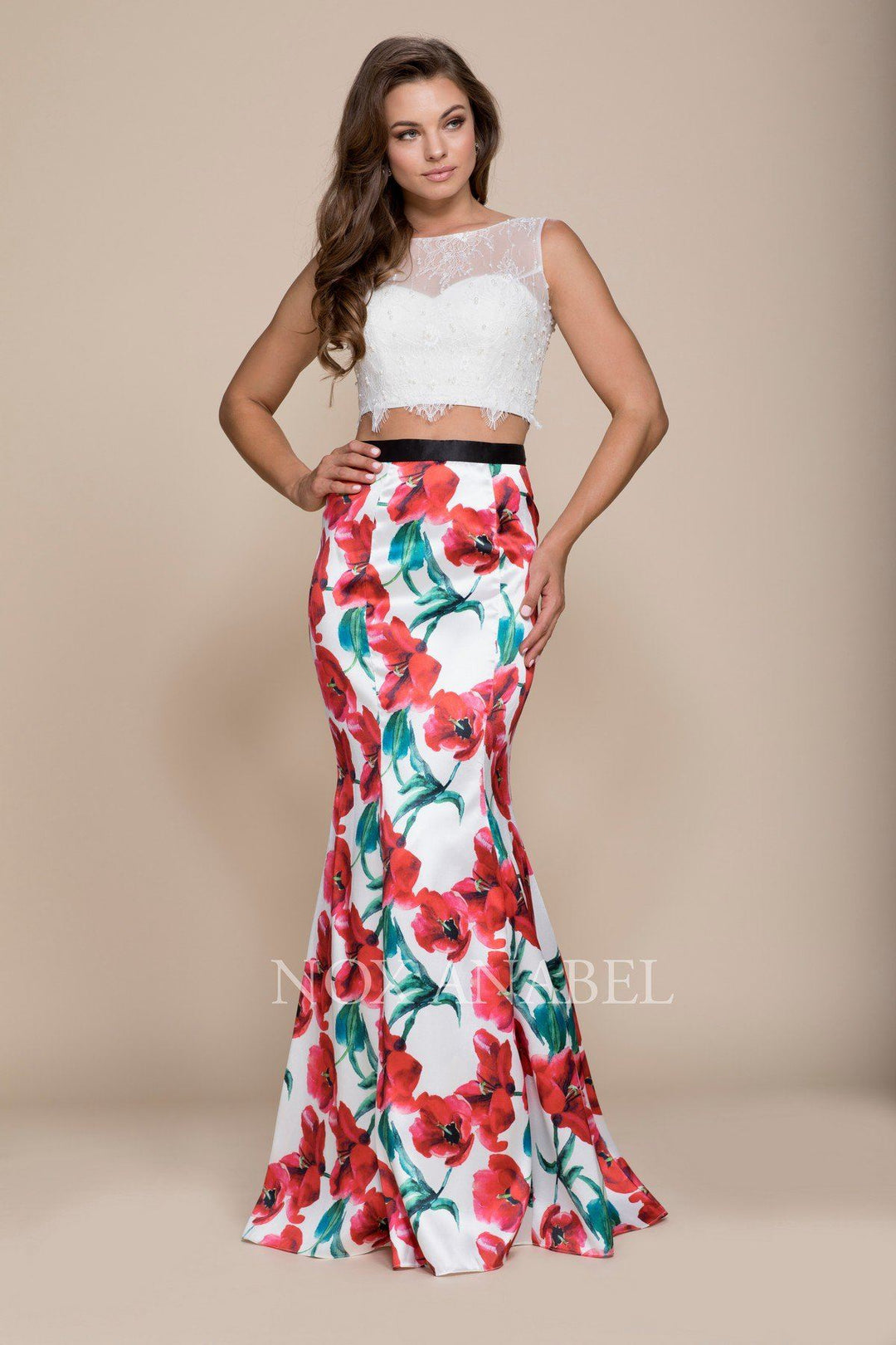 Long Two-Piece Dress with Print Skirt by Nox Anabel 8342-Long Formal Dresses-ABC Fashion