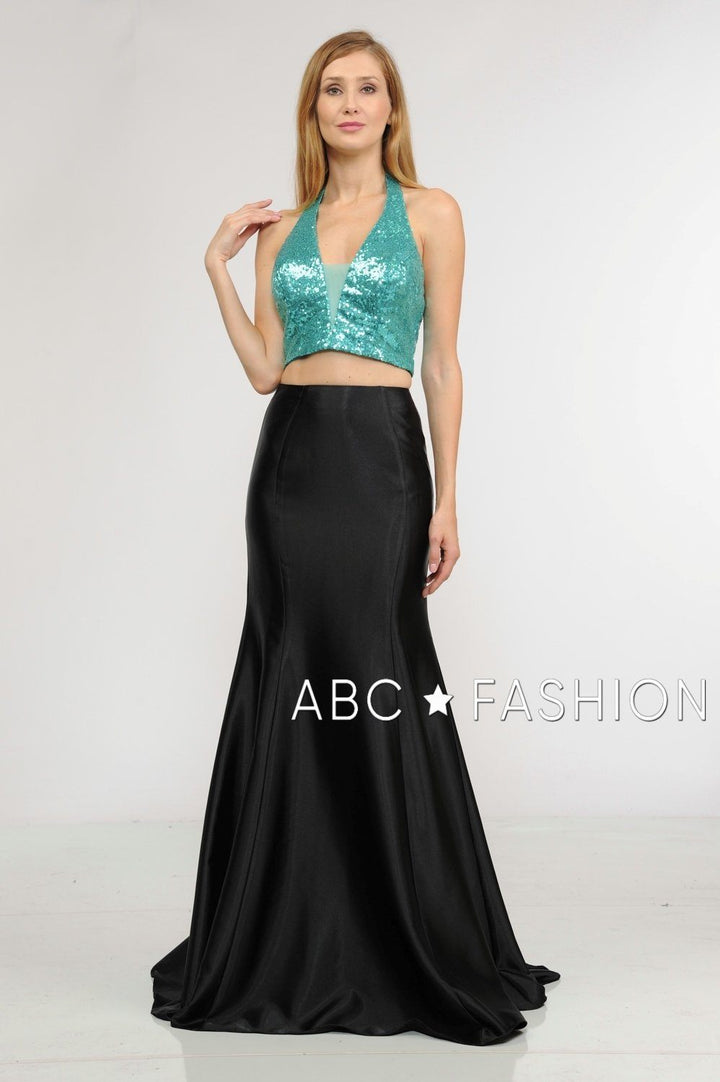 Long Two-Piece Dress with Sequin Crop Top by Poly USA 8294-Long Formal Dresses-ABC Fashion