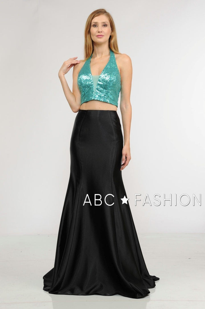 Long Two-Piece Dress with Sequin Crop Top by Poly USA 8294-Long Formal Dresses-ABC Fashion