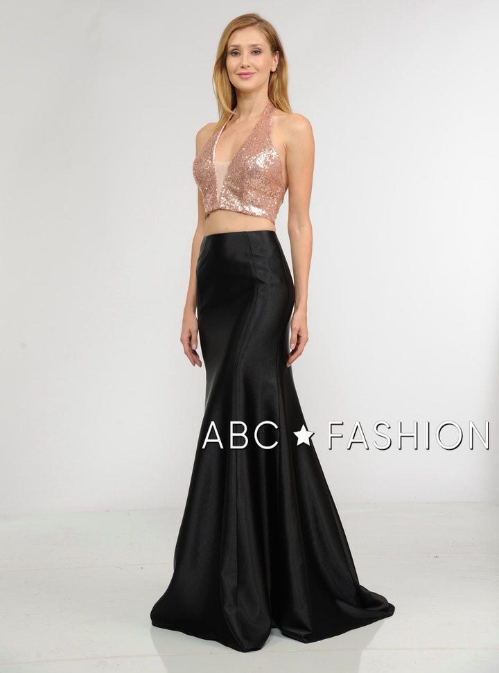 Long Two-Piece Dress with Sequin Crop Top by Poly USA 8294-Long Formal Dresses-ABC Fashion