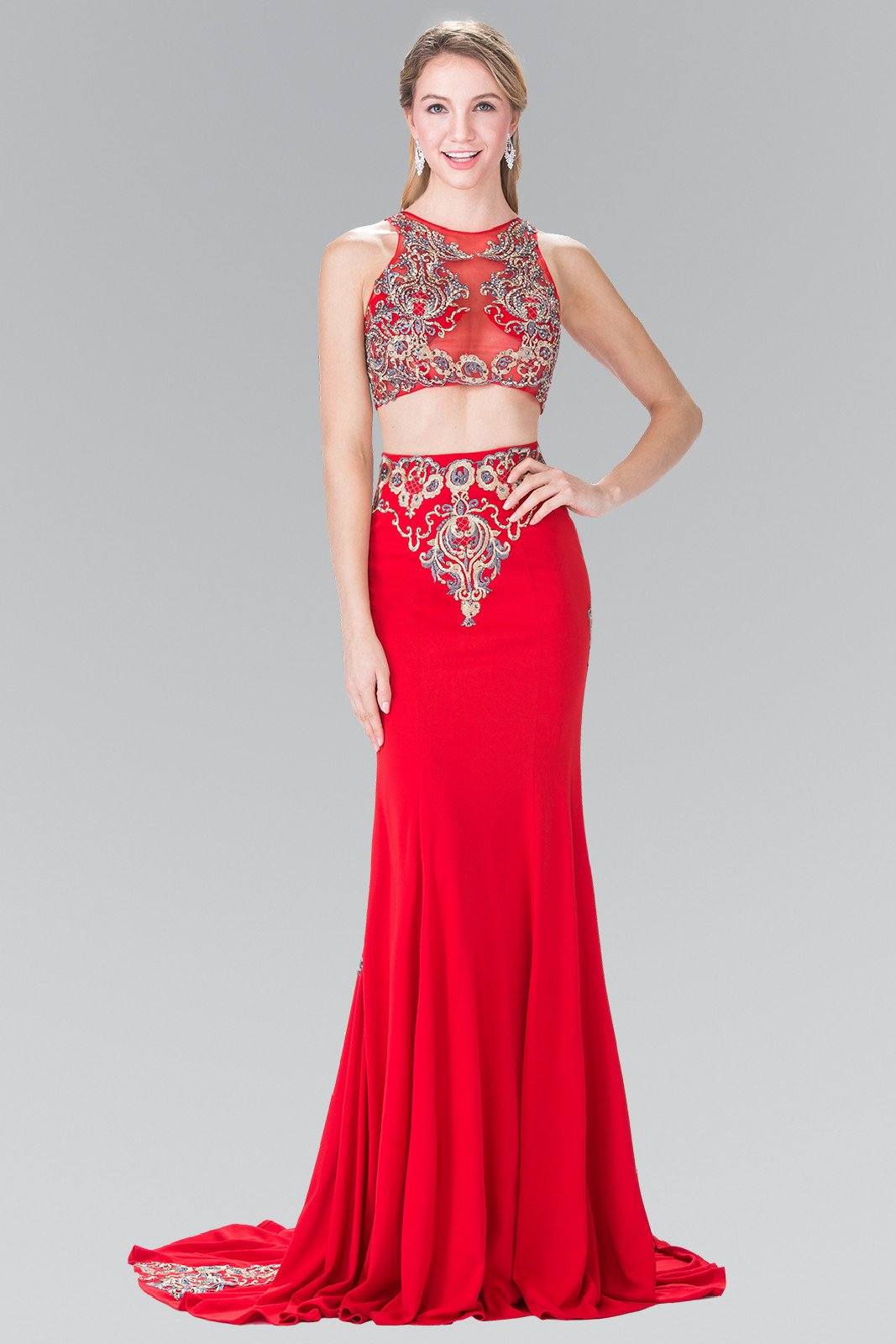 Long Two-Piece Embroidered Illusion Dress by Elizabeth K GL2296-Long Formal Dresses-ABC Fashion