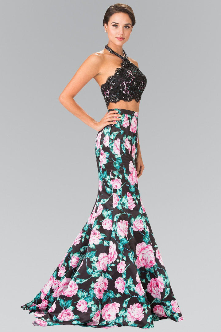 Long Two-Piece Floral Print Halter Dress by Elizabeth K GL2259-Long Formal Dresses-ABC Fashion