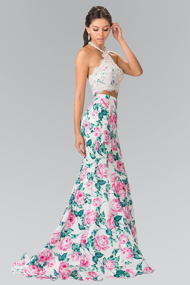 Long Two-Piece Floral Print Halter Dress by Elizabeth K GL2259-Long Formal Dresses-ABC Fashion
