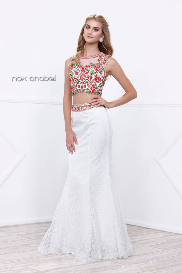 Long Two-Piece Lace Dress with Floral Top by Nox Anabel 8373-Long Formal Dresses-ABC Fashion