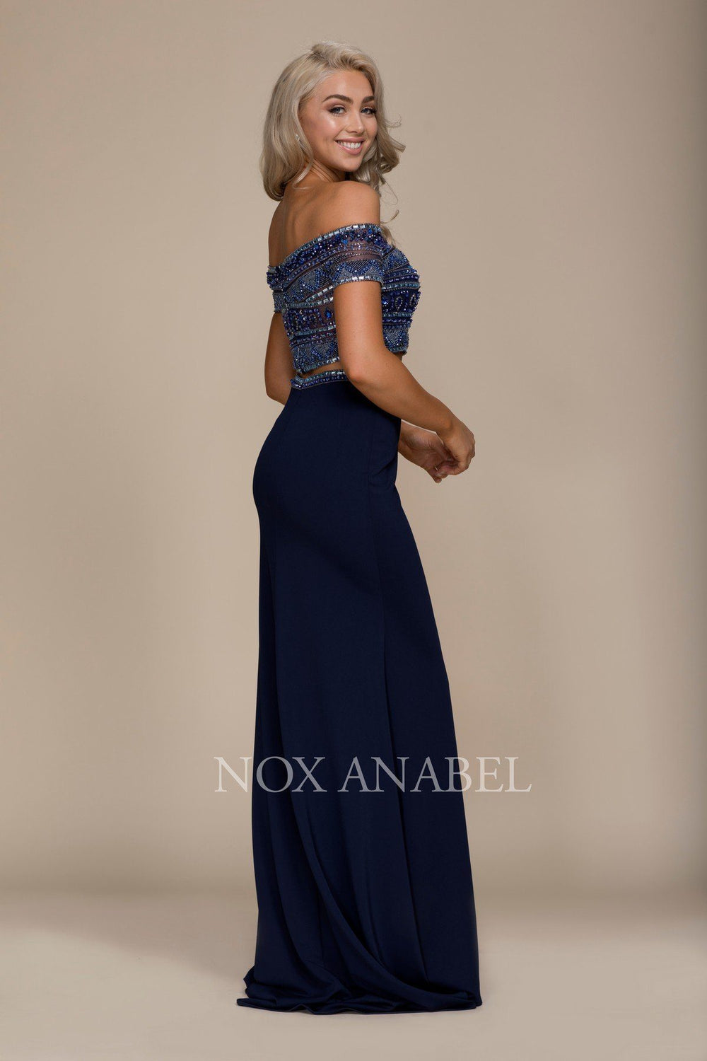 Long Two-Piece Off the Shoulder Navy Dress by Nox Anabel C082-Long Formal Dresses-ABC Fashion