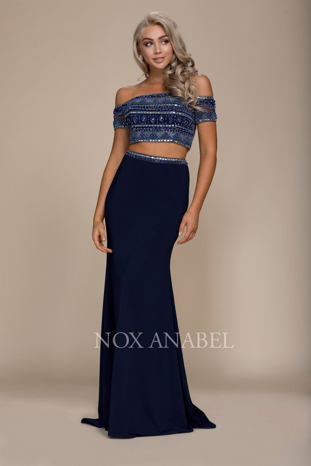 Long Two-Piece Off the Shoulder Navy Dress by Nox Anabel C082-Long Formal Dresses-ABC Fashion