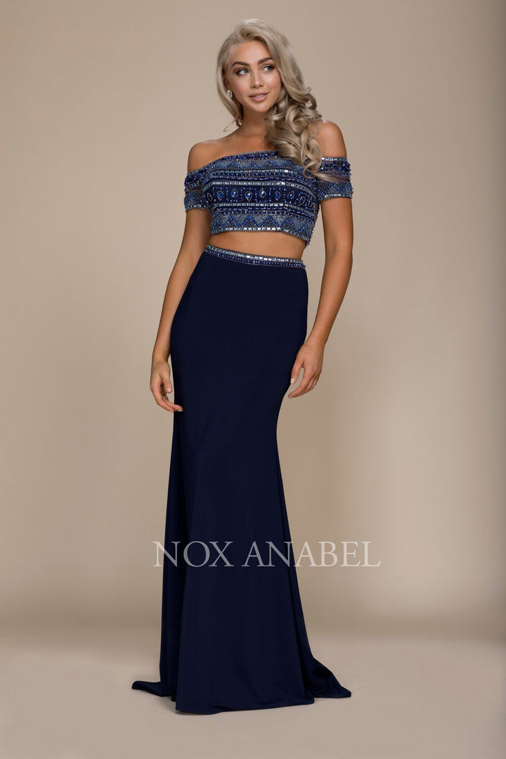 Long Two-Piece Off the Shoulder Navy Dress by Nox Anabel C082-Long Formal Dresses-ABC Fashion