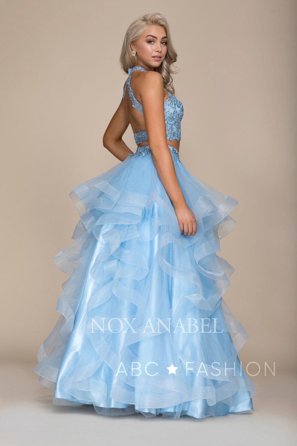 Long Two-Piece Ruffled Dress with Lace Top by Nox Anabel A063-Long Formal Dresses-ABC Fashion