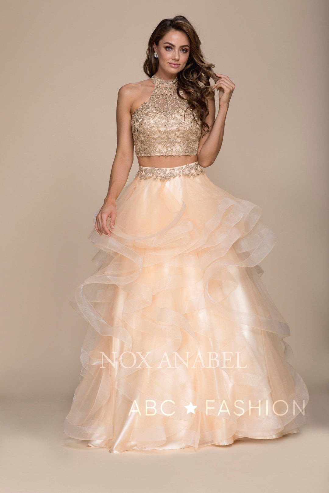 Long Two-Piece Ruffled Dress with Lace Top by Nox Anabel A063-Long Formal Dresses-ABC Fashion