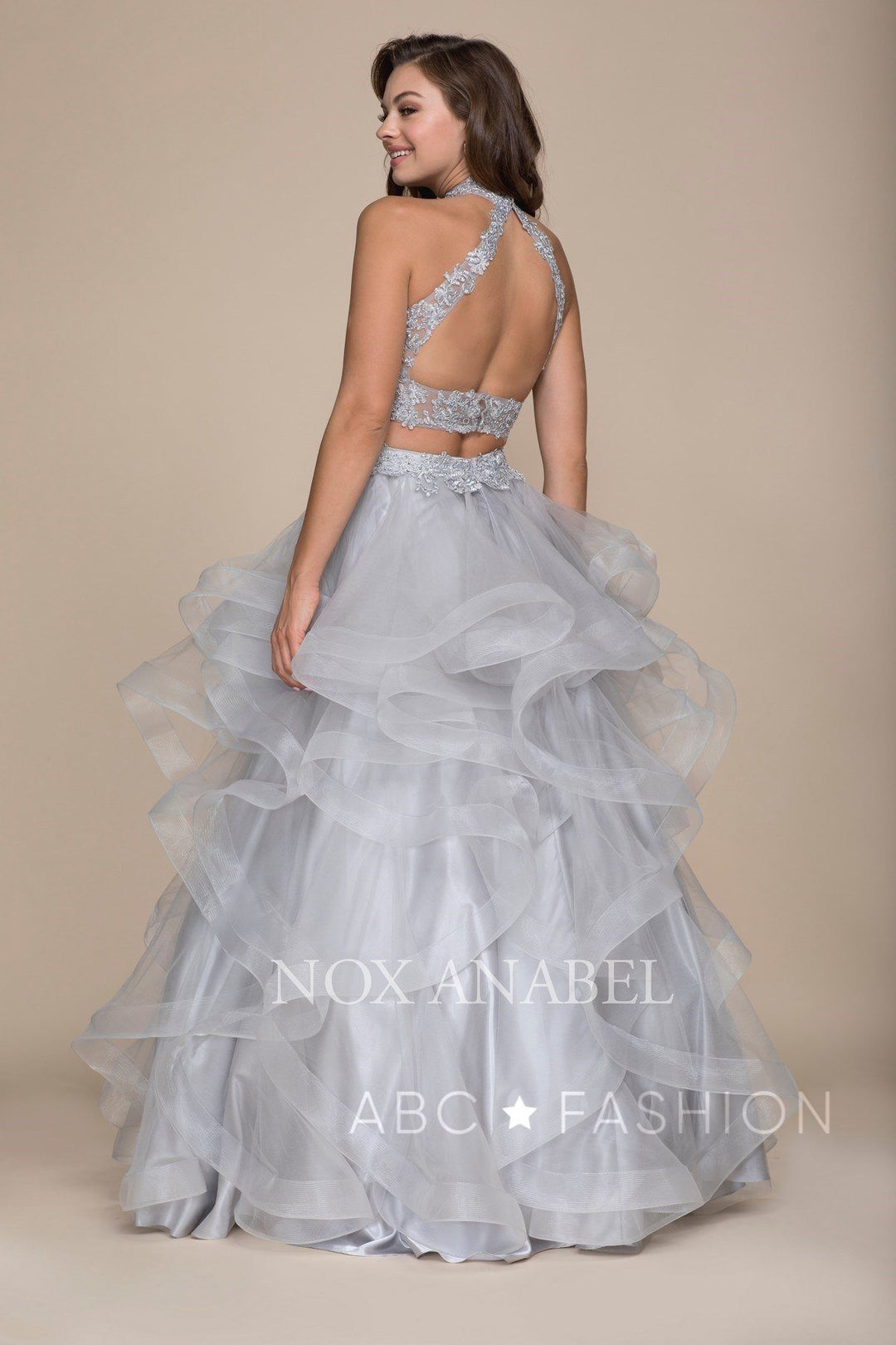 Long Two-Piece Ruffled Dress with Lace Top by Nox Anabel A063-Long Formal Dresses-ABC Fashion