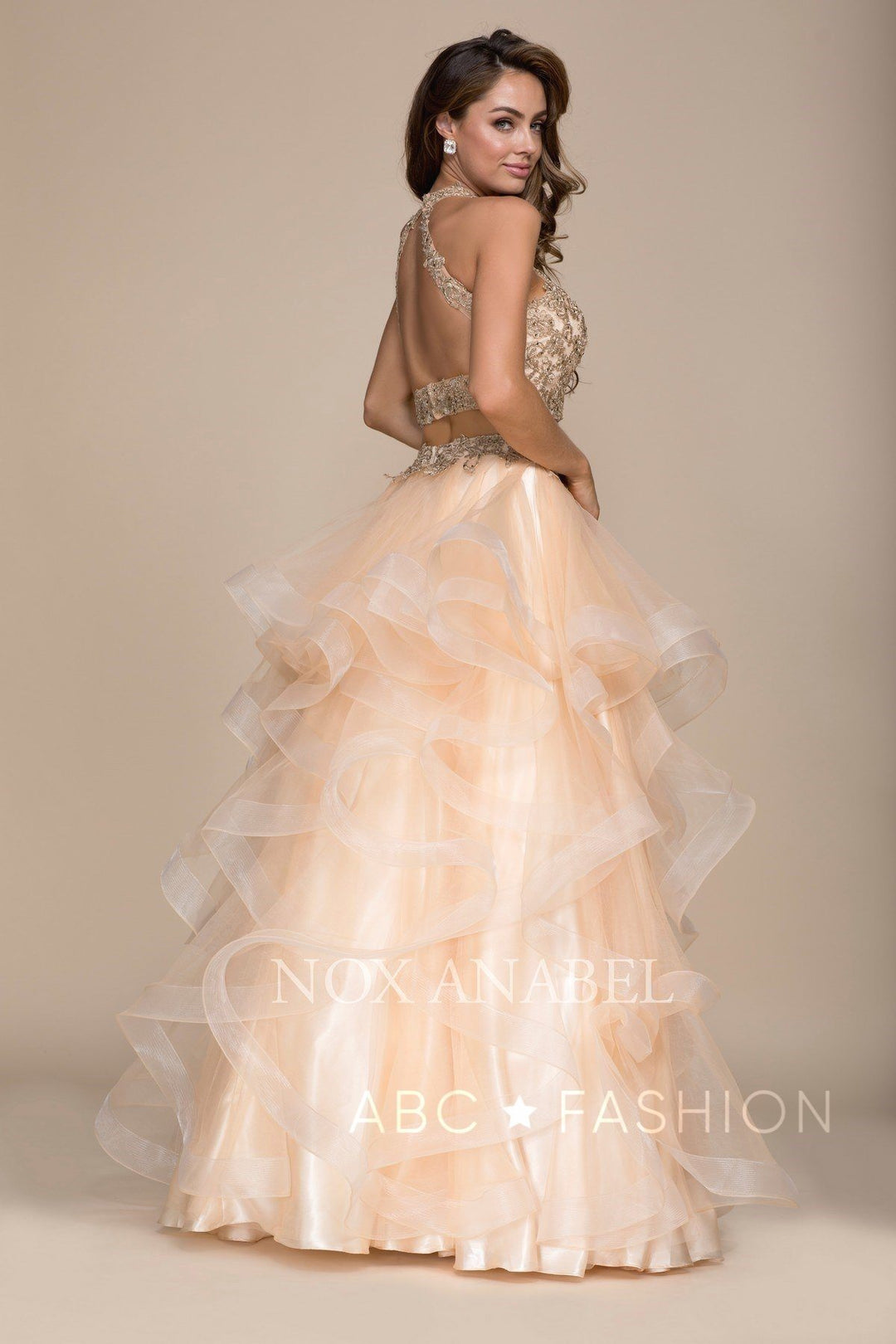 Long Two-Piece Ruffled Dress with Lace Top by Nox Anabel A063-Long Formal Dresses-ABC Fashion