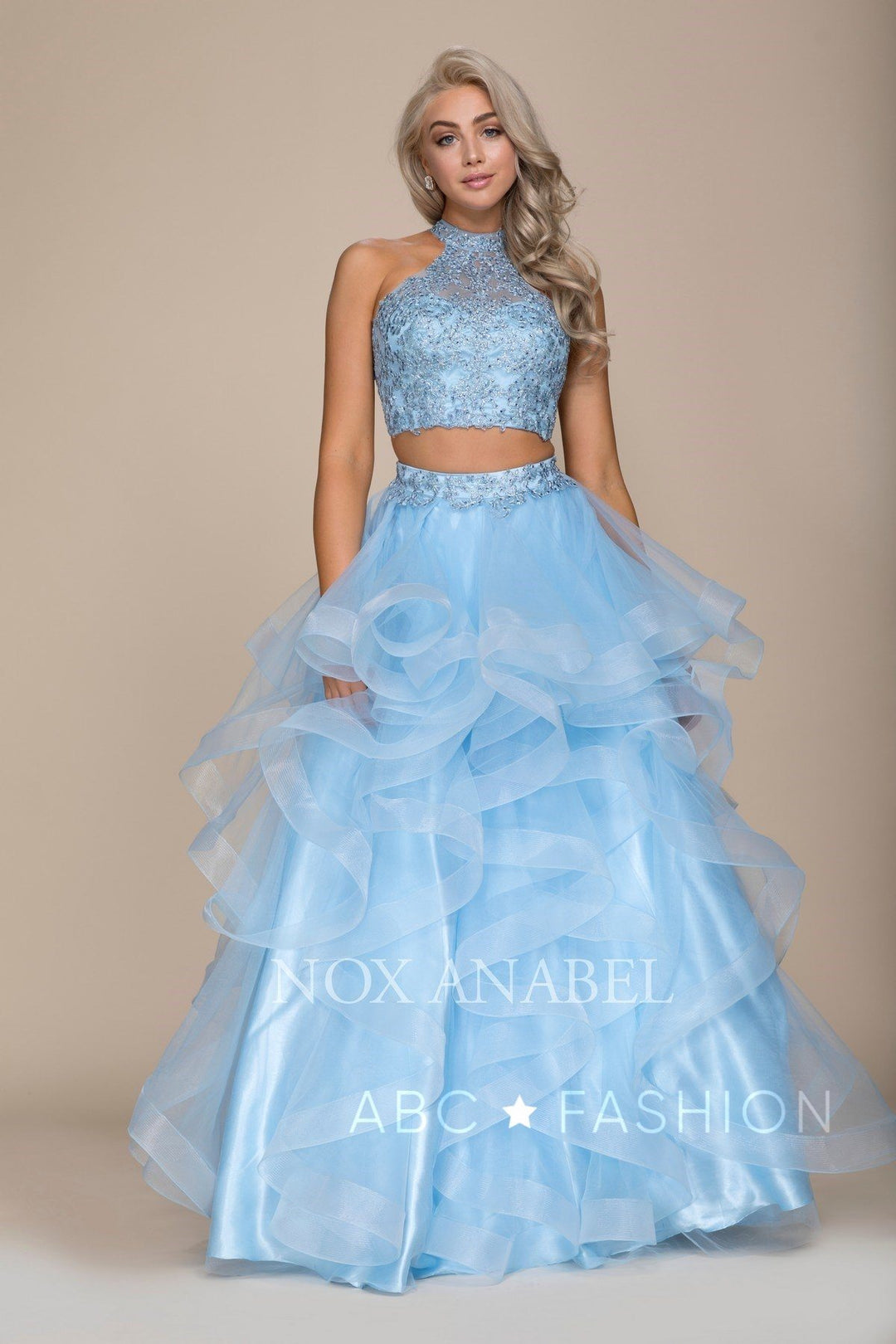 Long Two-Piece Ruffled Dress with Lace Top by Nox Anabel A063-Long Formal Dresses-ABC Fashion